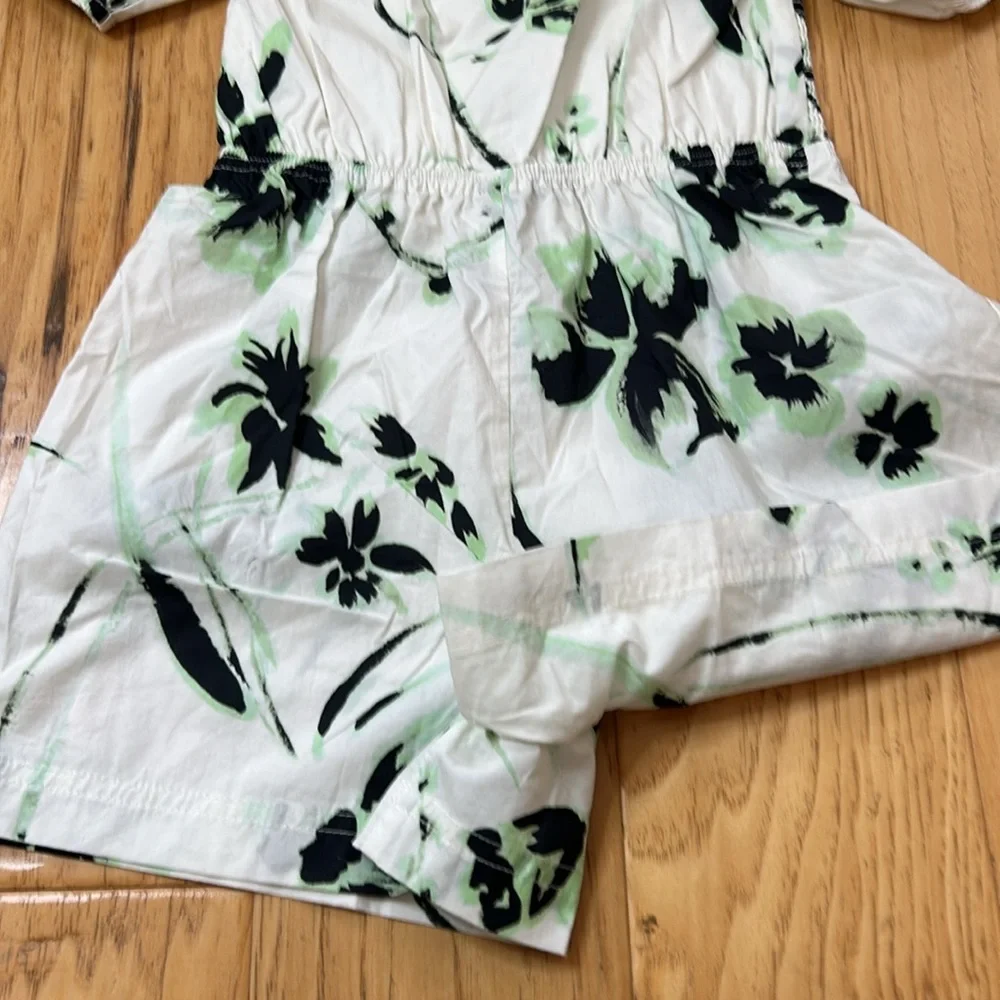 Tanya Taylor Mini Stevie Romper XS Green & Black Flowers on White Cotton Elastic